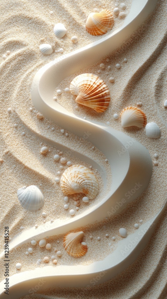 Poster A serene arrangement of sand shaped into subtle waves features delicate seashells scattered across the surface, creating an inviting atmosphere of calmness and beauty