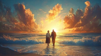 Fototapeta premium Couple walks hand in hand along the shoreline during sunset, captivating colors fill the sky and reflect on the water