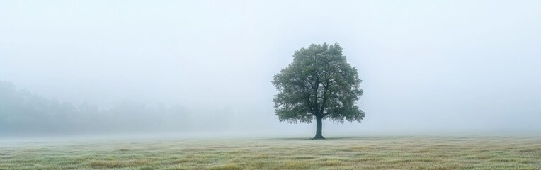 A single tree rises from a wide expanse of fog-covered grass, embodying the themes of strength and solitude in a tranquil setting at dawn. With copy space for text