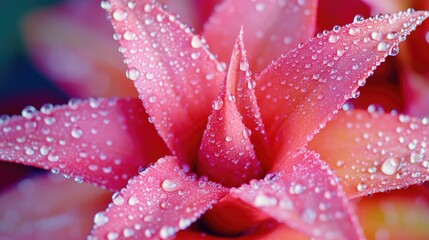 Fototapeta premium Macro photograph of a vivid pink flower with droplets of water on its petals, creating a fresh and dewy appearance.