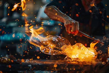Fototapeta premium Glass Blowing in Factory with Molten Glass in Artisan Process, Generative AI