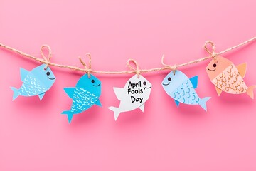 The inscription "April Fool's Day".  Multi-colored paper fish hanging on a rope in a row on a bright pink background.