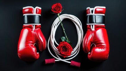 flat lay of a pair of red boxing gloves, a skipping rope on a black background. The skipping rope is white and appears to be made of metal.