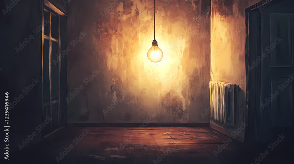 Canvas Prints A single light bulb hanging from the ceiling in a dimly lit room. the light bulb is the only source of illumination in the room, casting a warm glow on the walls and floor. Light Source. Illustration