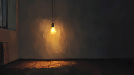A single light bulb hanging from the ceiling in a dimly lit room. the light bulb is the only source of illumination in the room, casting a warm glow on the walls and floor. Light Source. Illustration