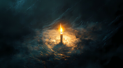 Fototapeta premium A small candle with a large flame illuminates the space, dark, light source. Light Source. Illustration