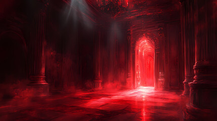 A soft red glow emanating from a hidden light source in a dark, serene room. Light Source. Illustration