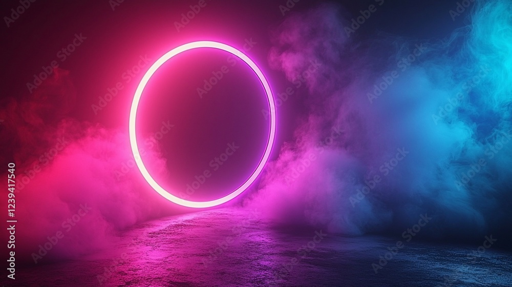 Poster glowing neon circle in smoky studio. background ideal for product placement
