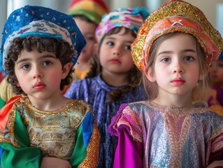 Children in traditional Middle Eastern attire, possibly part of a cultural event or celebration, showcasing vibrant and rich clothing patterns.