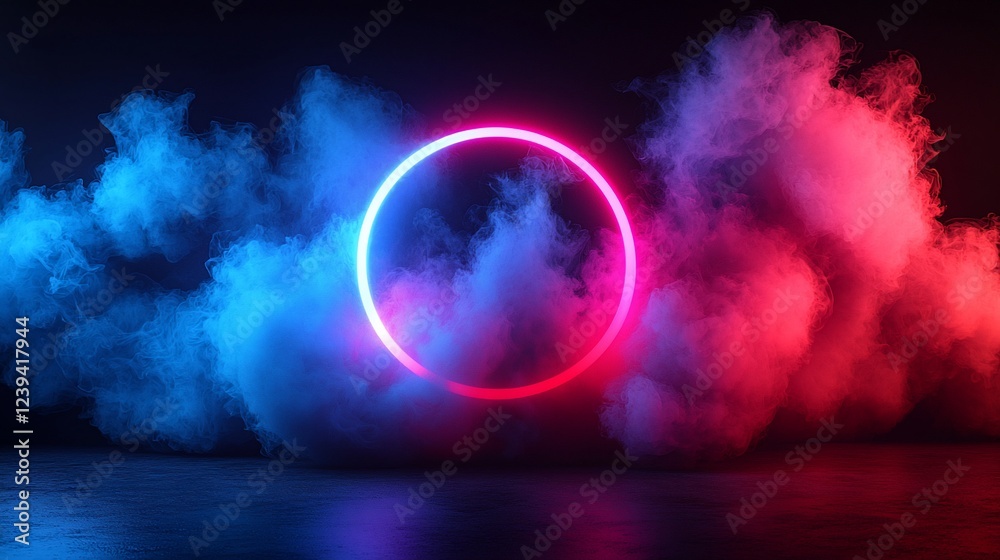 Poster glowing neon circle in smoky environment; abstract background for design