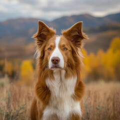 Fototapeta premium A beautiful Border Collie dog sitting in an autumn setting with vibrant golden leaves and scenic mountains in the background, exuding intelligence and charm.