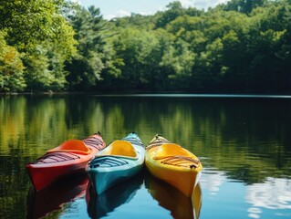 A pair of rowboats on a tranquil lake, nestled among lush green trees, evoking the peacefulness of nature and leisurely outdoor pursuits.
