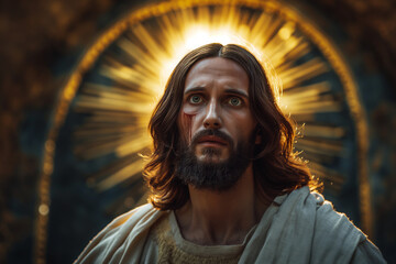 A powerful portrait of Jesus Christ with a radiant golden halo, symbolizing divinity, faith, and religious devotion in a spiritual and artistic depiction.