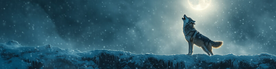 Obraz premium A lone wolf howling at the moon on a snowy night, with snowflakes falling and a cloudy sky.