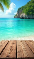 Fototapeta premium Rustic wood tabletop over blurry turquoise sea and bright sky, sun, table