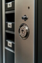 A modern, robust metal safety deposit box with a lock and key inside.