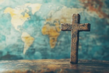 Jesus Christ s cross over a world map symbolizing church mission and evangelism