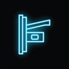 Blue neon sign representing a mailbox glowing on a black background