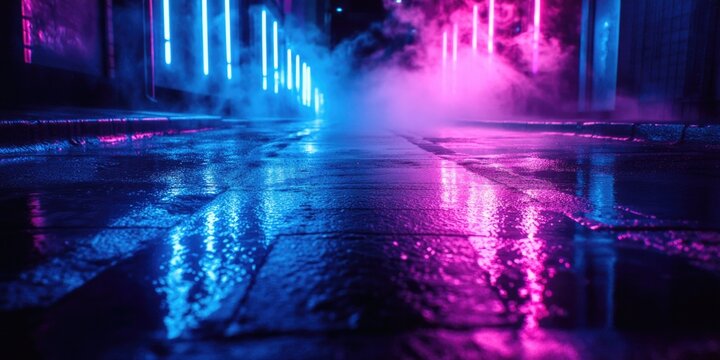 Vibrant city street with colorful lights reflected in rain-soaked puddles.