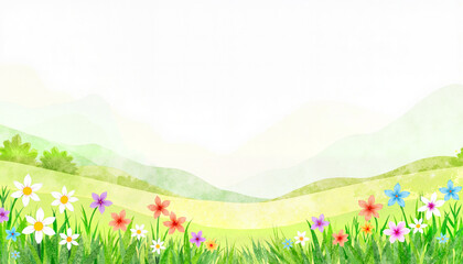 Obraz premium Watercolor landscape with colorful flowers and green hills