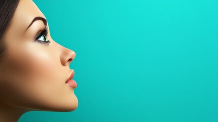 Obraz premium Woman's Profile, Upward Gaze, Skin Texture Beauty - A beautiful woman's profile is shown, gazing upward. The image showcases flawless skin texture