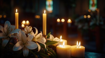 The image captures the serene atmosphere of a church with lit candles and lilies, suggesting a religious ceremony or prayer gathering.