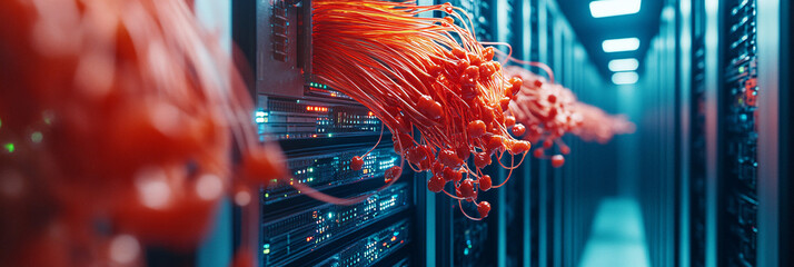 A surreal server room where data cables transform into spaghetti, with servers dishing out digital meatballs, symbolizing the connection between technology and sustenance.