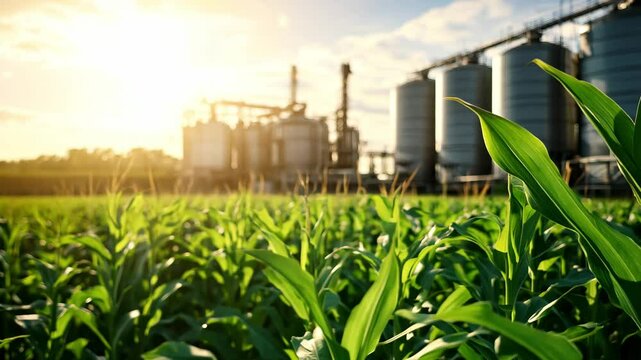 Green corn plants growing in a field near silos, signaling a productive agricultural season ahead