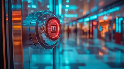 Futuristic elevator button with neon lights in modern shopping mall interior