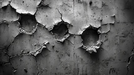 Obraz premium Cracked concrete surface displays deep holes and peeling paint, showcasing the beauty of decay in a forgotten urban setting. Shadows play, enhancing the detailed textures and patterns