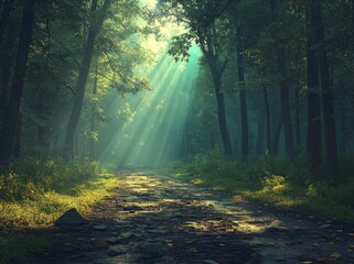 Fototapeta premium Lush woodlands of the mystical forest are home to winding trails that lead to an enchanting journey