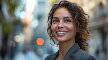 Empowered female in a sleek suit, smiling happily while looking to the side, in an urban outdoor environment