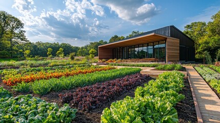 Lush rows of colorful vegetables reach toward the sky in a beautifully landscaped garden, with a sleek wooden building providing a stunning backdrop under a bright blue sky