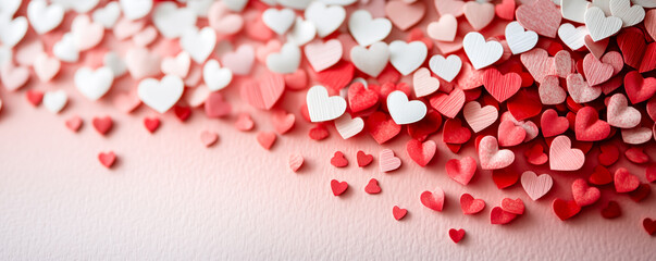 Scattered paper hearts in red, pink, and white colors on a clean, textured background. Concept of Valentine's Day cards and banner.