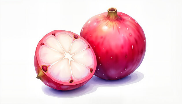 Whole pulasan fruit and halved piece revealing juicy flesh, vibrant colors