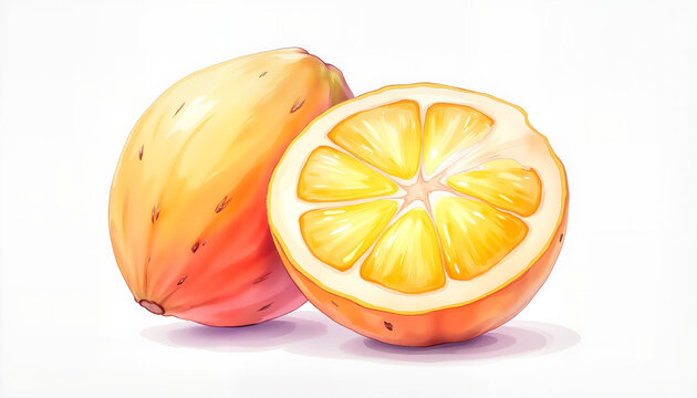 Whole cocona fruit and half, vibrant pastel watercolor illustration