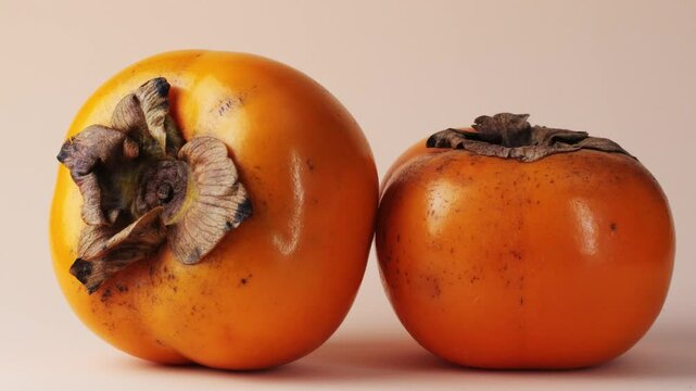 Close-up of a persimmon at the kitchen, macro fruit. 