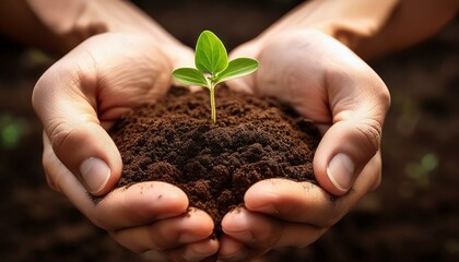 maos segurando solo fertil com uma pequena muda verde crescendo no centro