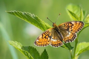 Fototapeta premium Colorful butterfly perched on green leaves in a bright forest habitat during springtime