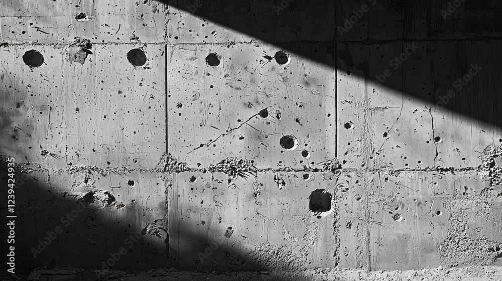 Poster rugged concrete wall displays numerous holes and textures, illuminated by dramatic shadows. this str