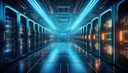 futuristic data centre with neon lit servers cybersecurity concept modern technology infrastructure high tech network hub generative ai