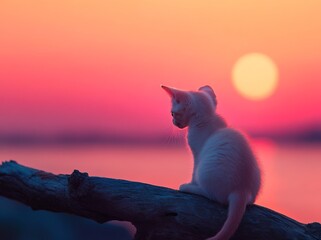 The scene at sunset is truly captivating, with a charming kitten perched in tree branches