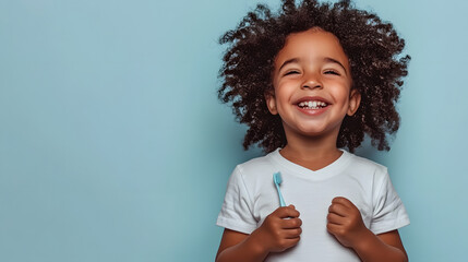 Happy Young Black Girl Brushing Teeth Against Light Blue Background