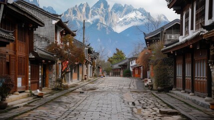 A Chinese village with picturesque houses and mountain scenery in the background, ideal for advertising tourist destinations, cultural events and ethnographic research.