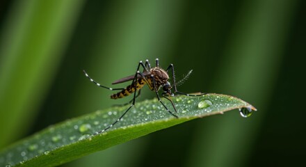 Close-up of mosquito on dew-covered leaf in natural habitat