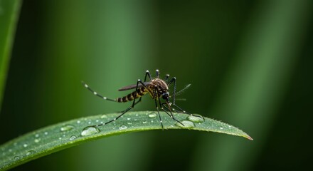 Fototapeta premium Close-up of mosquito on leaf with dew drops