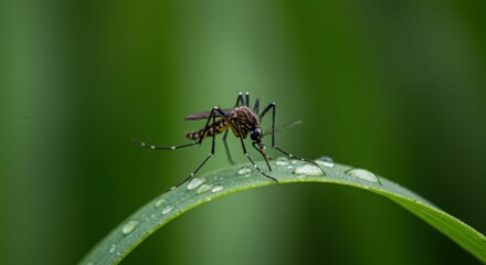 Naklejka premium Close-up of mosquito on dew-covered grass blade with green background