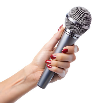 microphone in lady hand isolated on white background