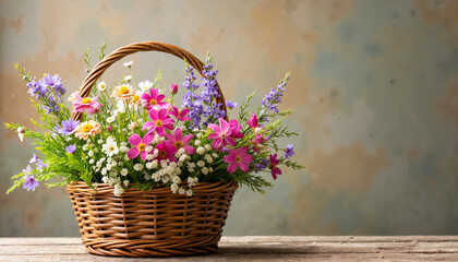 Basket of colorful wildflowers on wooden table