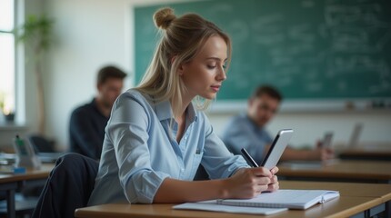 Modern Teacher Using Digital and Traditional Teaching Methods in Bright Classroom